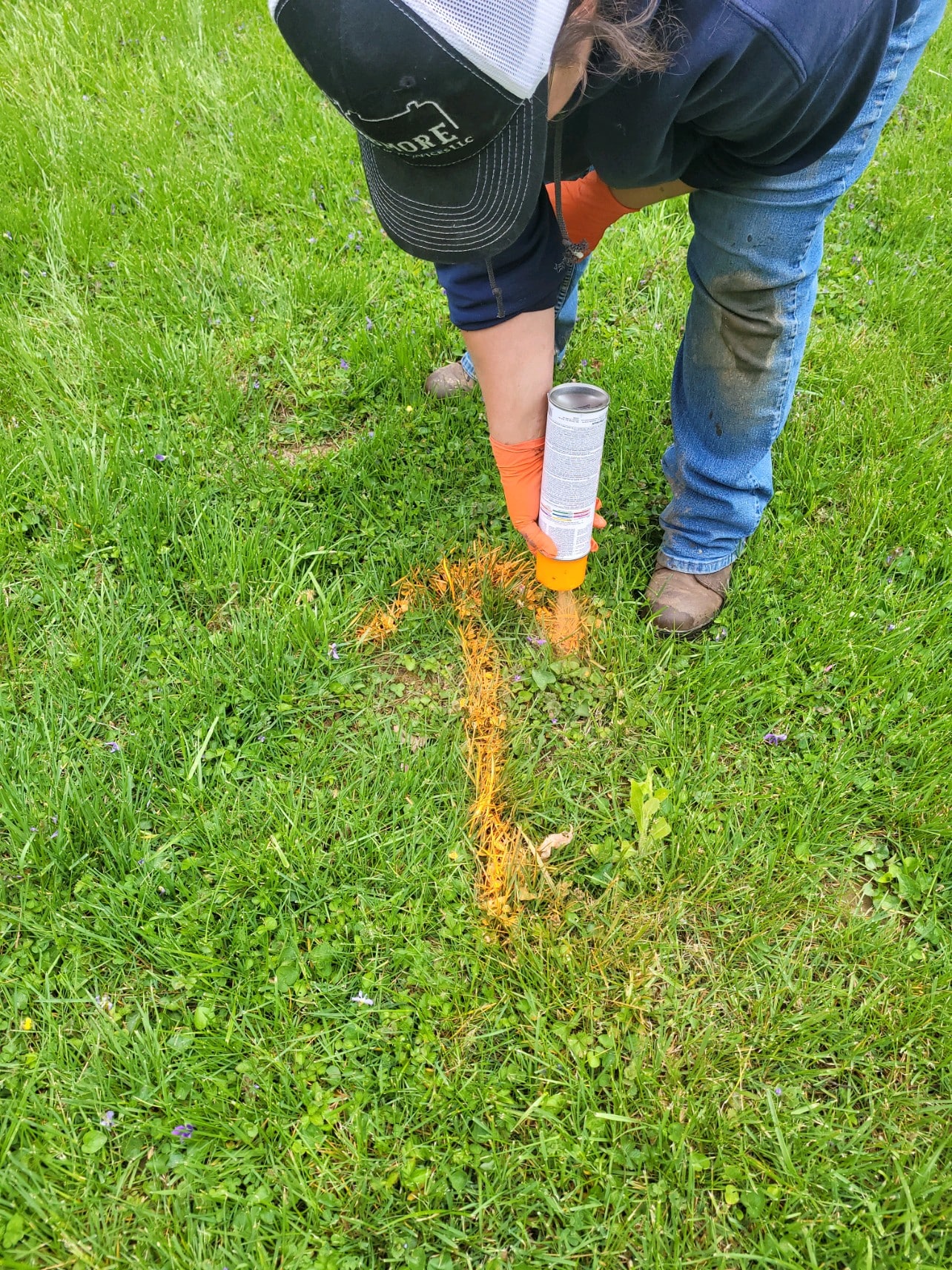 marking grass with orange spray paint